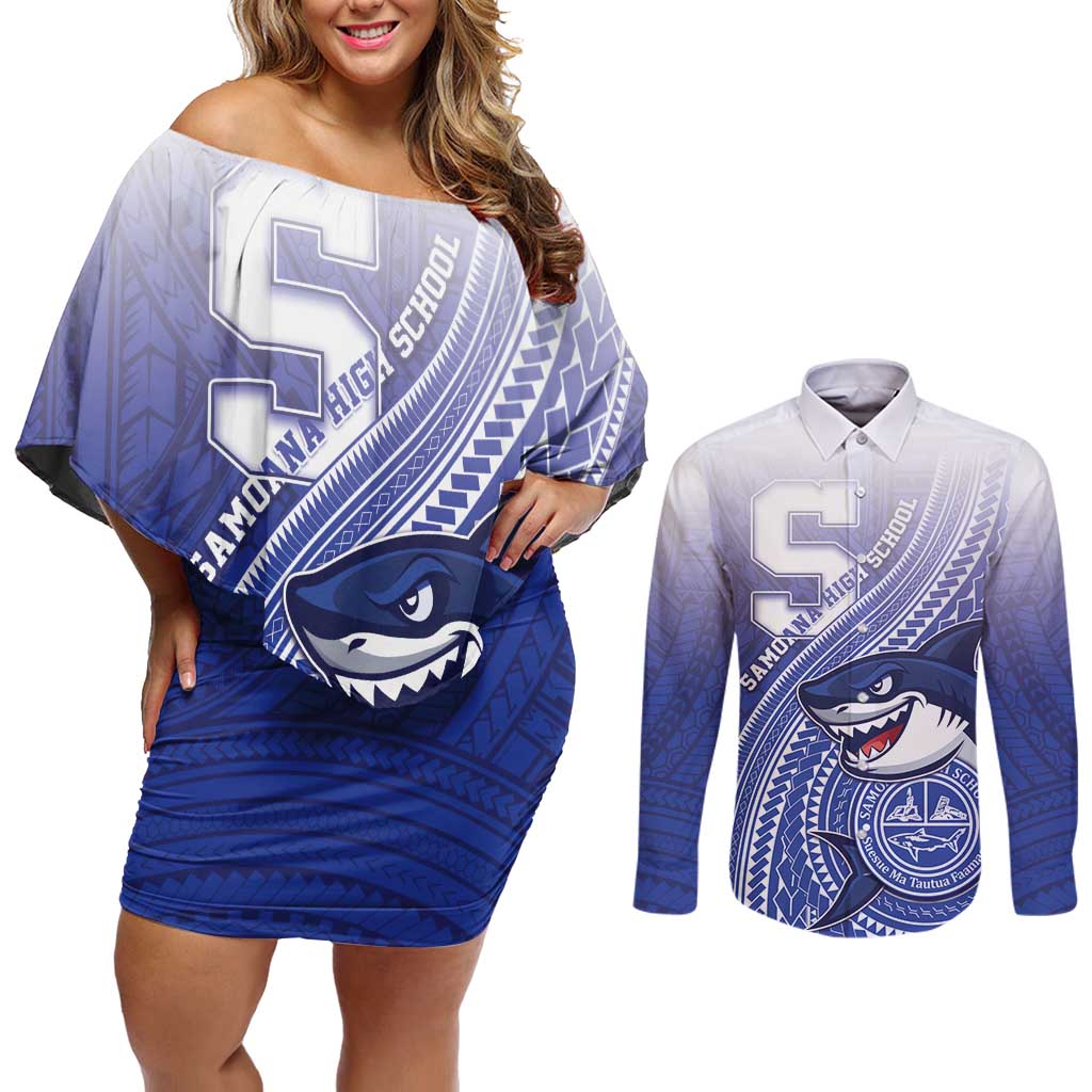 Personalized Samoana High School Couples Matching Off Shoulder Short Dress and Long Sleeve Button Shirt Polynesian Tribal Shark