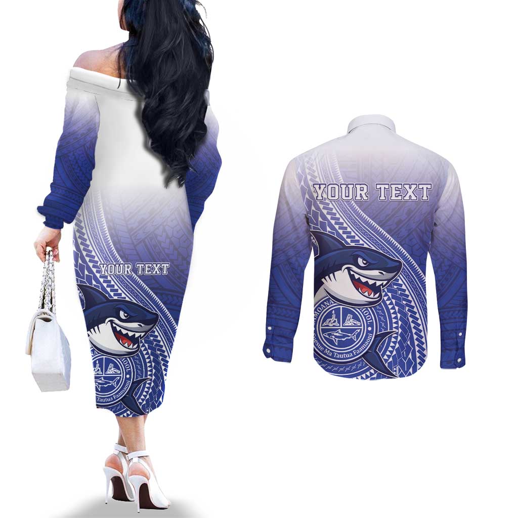 Personalized Samoana High School Couples Matching Off The Shoulder Long Sleeve Dress and Long Sleeve Button Shirt Polynesian Tribal Shark
