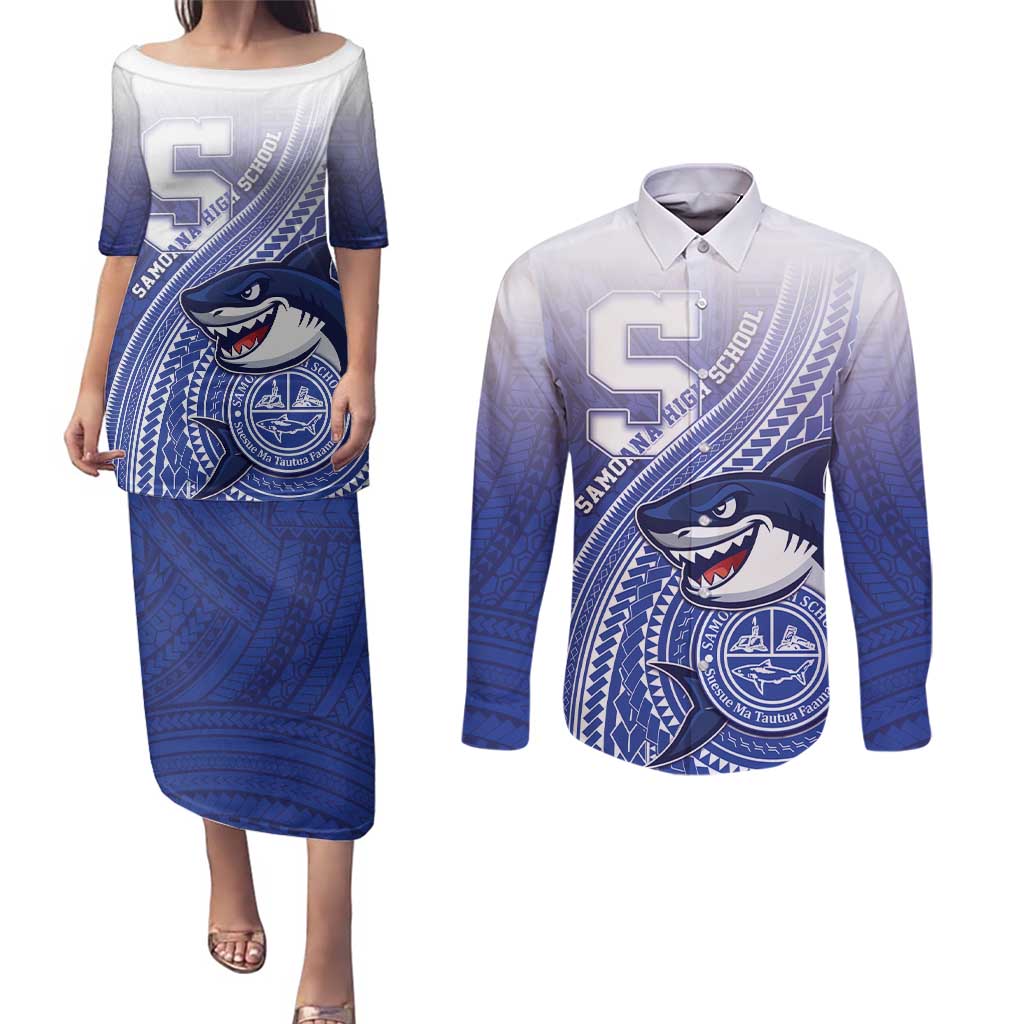 Personalized Samoana High School Couples Matching Puletasi and Long Sleeve Button Shirt Polynesian Tribal Shark