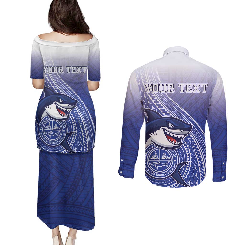 Personalized Samoana High School Couples Matching Puletasi and Long Sleeve Button Shirt Polynesian Tribal Shark