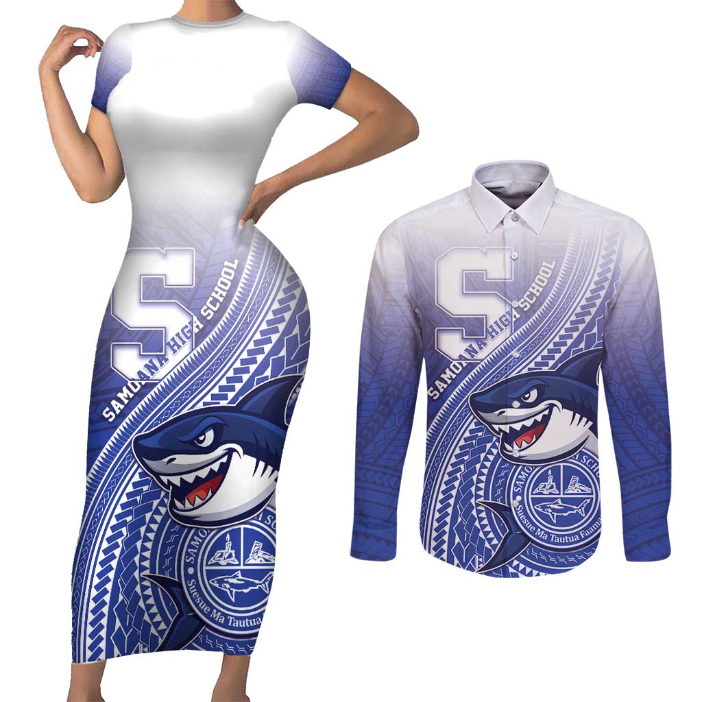 Personalized Samoana High School Couples Matching Short Sleeve Bodycon Dress and Long Sleeve Button Shirt Polynesian Tribal Shark