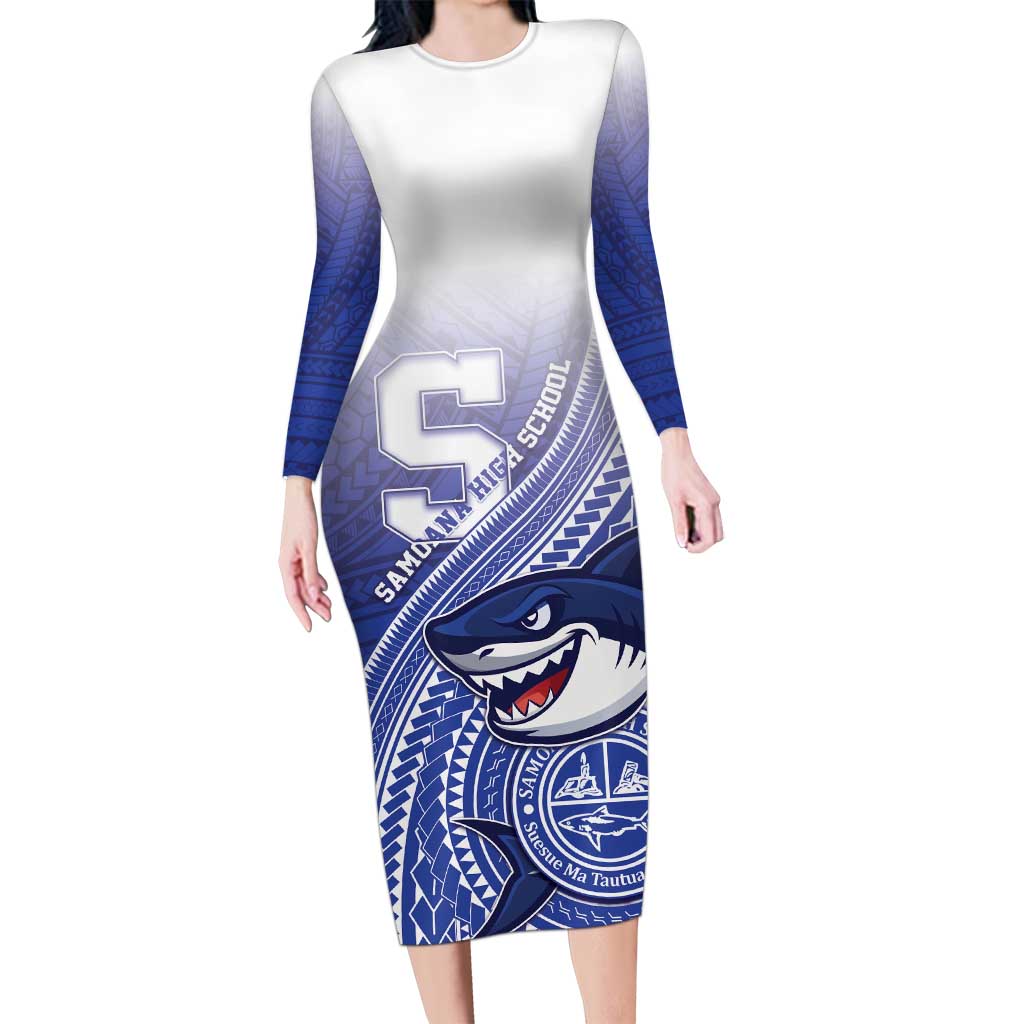 Personalized Samoana High School Family Matching Long Sleeve Bodycon Dress and Hawaiian Shirt Polynesian Tribal Shark LT05 Mom's Dress Blue - Polynesian Pride