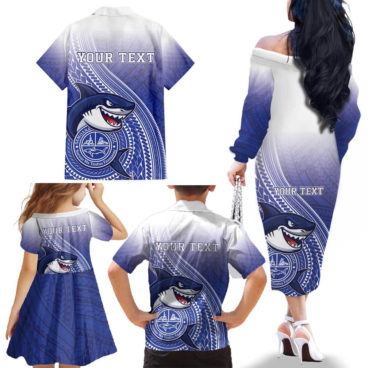 Personalized Samoana High School Family Matching Off The Shoulder Long Sleeve Dress and Hawaiian Shirt Polynesian Tribal Shark LT05 - Polynesian Pride