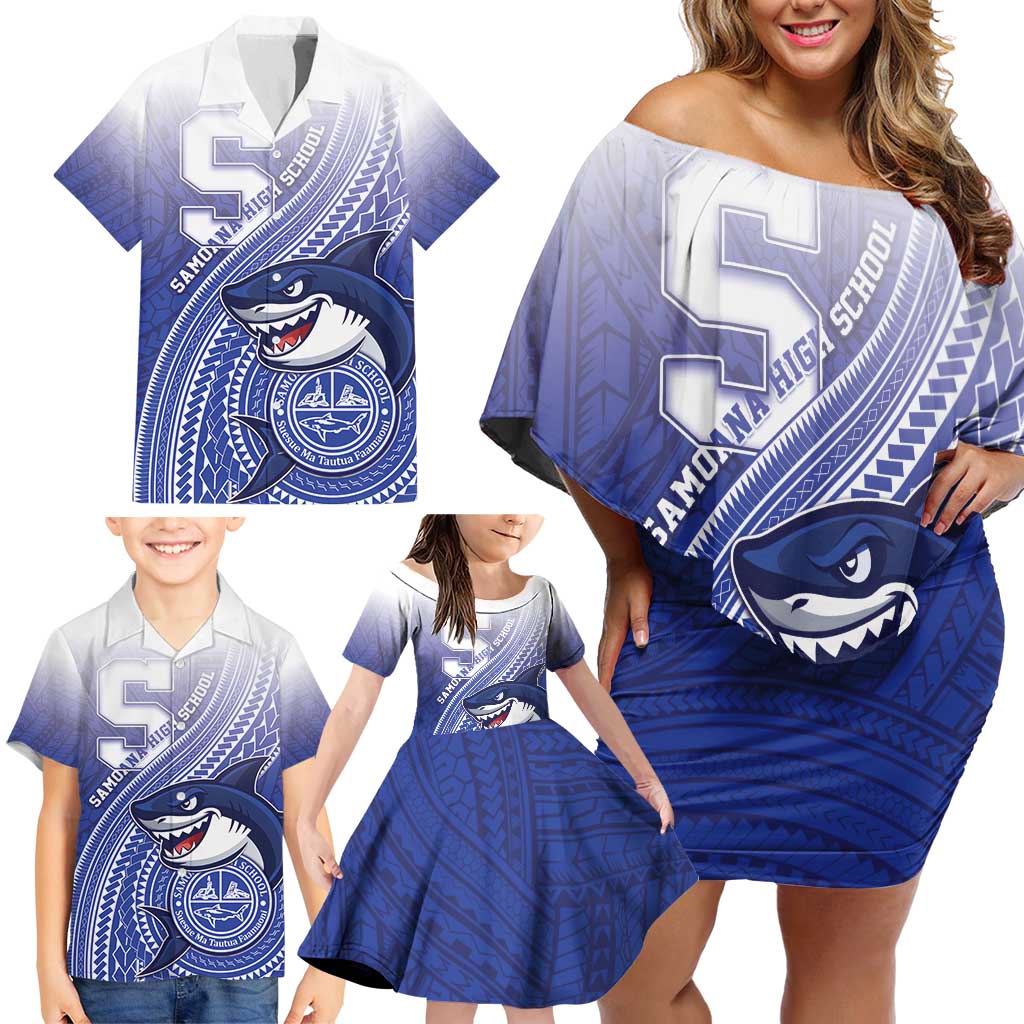 Personalized Samoana High School Family Matching Off Shoulder Short Dress and Hawaiian Shirt Polynesian Tribal Shark LT05 - Polynesian Pride