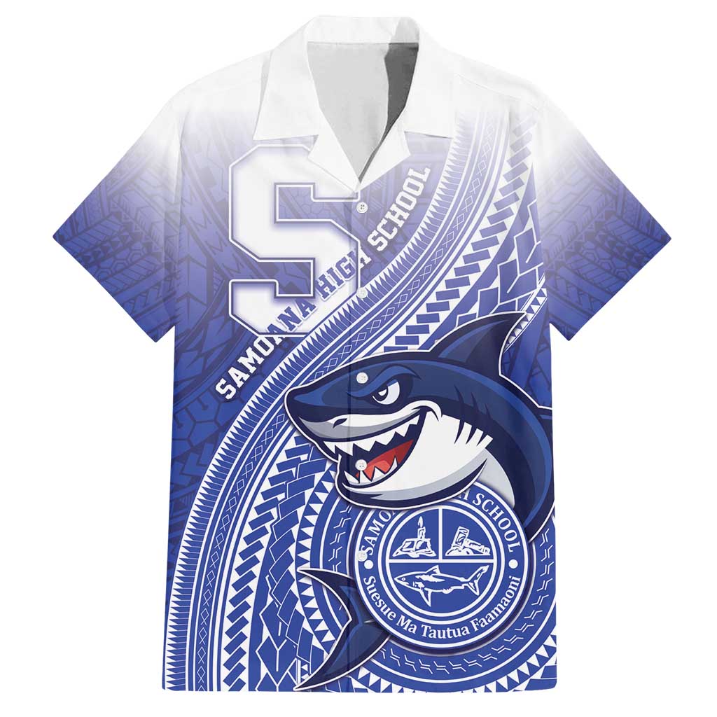 Personalized Samoana High School Family Matching Off Shoulder Short Dress and Hawaiian Shirt Polynesian Tribal Shark LT05 Dad's Shirt - Short Sleeve Blue - Polynesian Pride