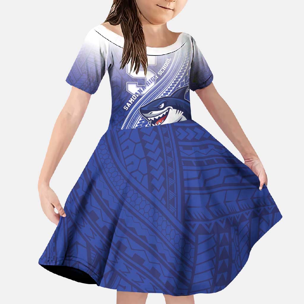 Personalized Samoana High School Family Matching Short Sleeve Bodycon Dress and Hawaiian Shirt Polynesian Tribal Shark LT05 Daughter's Dress Blue - Polynesian Pride