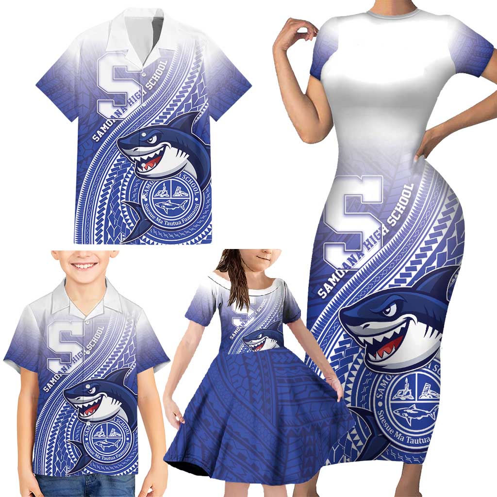 Personalized Samoana High School Family Matching Short Sleeve Bodycon Dress and Hawaiian Shirt Polynesian Tribal Shark LT05 - Polynesian Pride