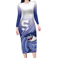 Personalized Samoana High School Long Sleeve Bodycon Dress Polynesian Tribal Shark LT05 Long Dress Blue - Polynesian Pride