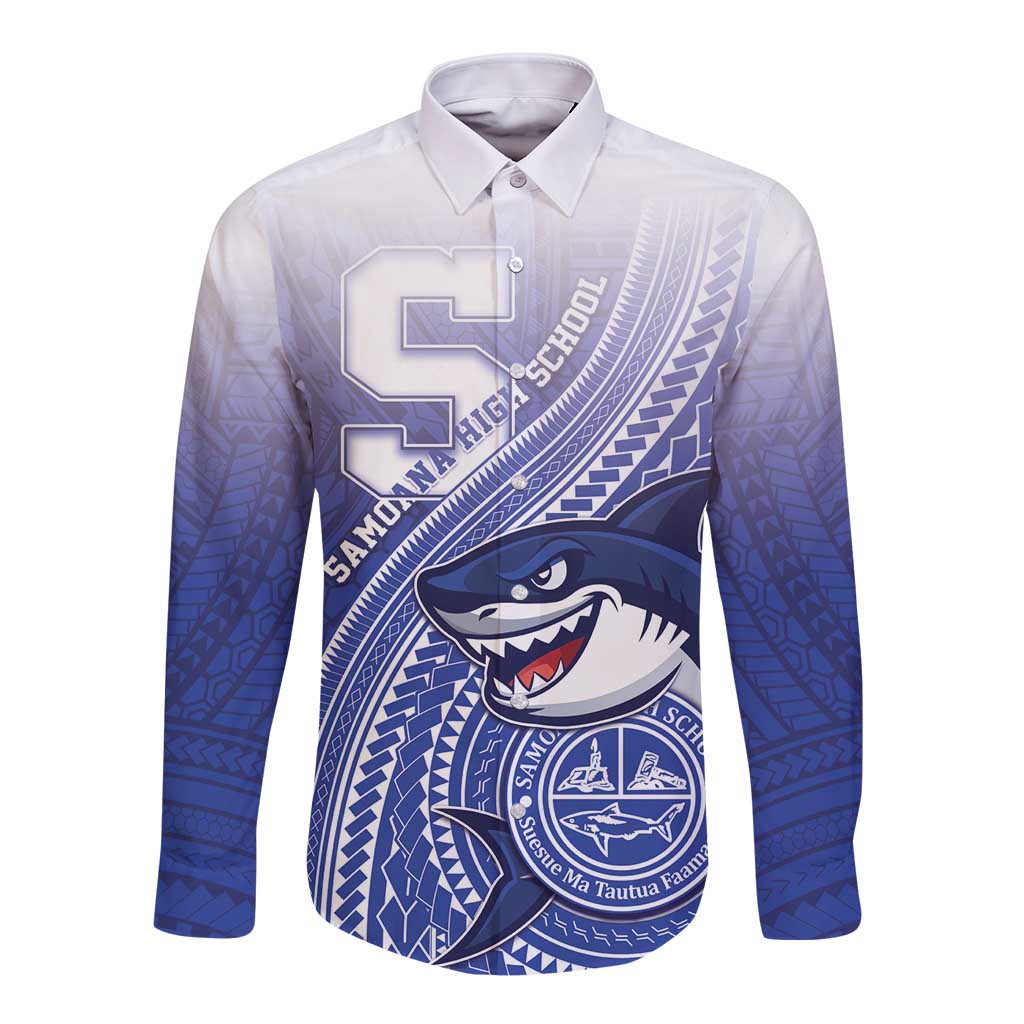 Personalized Samoana High School Long Sleeve Button Shirt Polynesian Tribal Shark