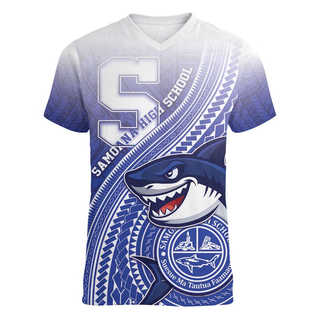 Personalized Samoana High School Women V-Neck T-Shirt Polynesian Tribal Shark