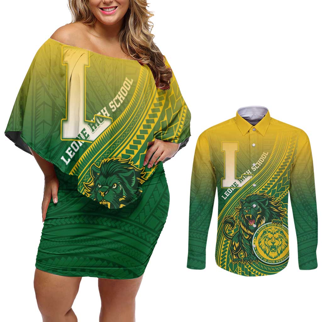 Personalized Leone High School Couples Matching Off Shoulder Short Dress and Long Sleeve Button Shirt Leone Lion
