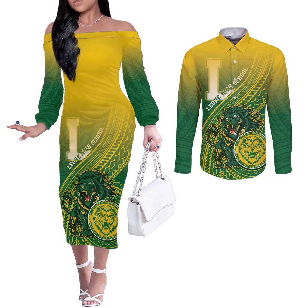 Personalized Leone High School Couples Matching Off The Shoulder Long Sleeve Dress and Long Sleeve Button Shirt Leone Lion