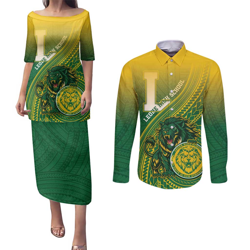 Personalized Leone High School Couples Matching Puletasi and Long Sleeve Button Shirt Leone Lion