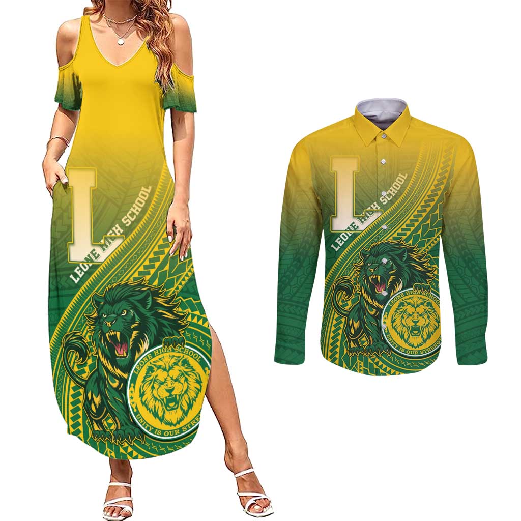 Personalized Leone High School Couples Matching Summer Maxi Dress and Long Sleeve Button Shirt Leone Lion