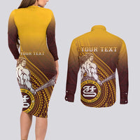 Personalized Tafuna High School Couples Matching Long Sleeve Bodycon Dress and Long Sleeve Button Shirt Polynesian Warrior