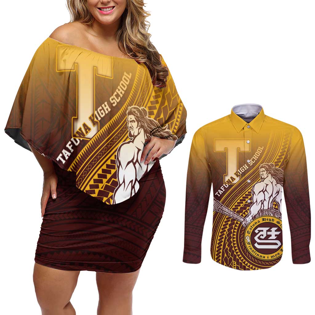 Personalized Tafuna High School Couples Matching Off Shoulder Short Dress and Long Sleeve Button Shirt Polynesian Warrior