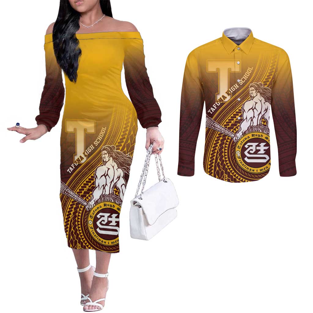 Personalized Tafuna High School Couples Matching Off The Shoulder Long Sleeve Dress and Long Sleeve Button Shirt Polynesian Warrior