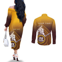Personalized Tafuna High School Couples Matching Off The Shoulder Long Sleeve Dress and Long Sleeve Button Shirt Polynesian Warrior