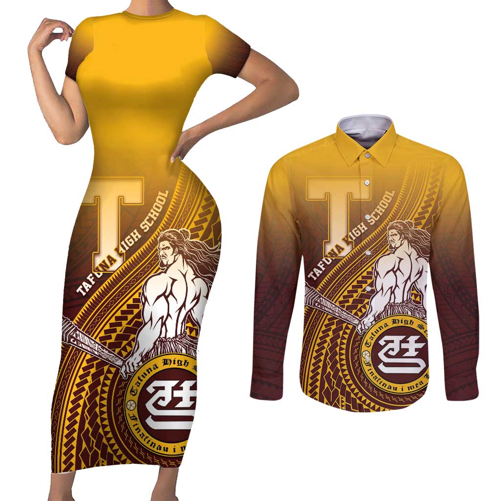 Personalized Tafuna High School Couples Matching Short Sleeve Bodycon Dress and Long Sleeve Button Shirt Polynesian Warrior