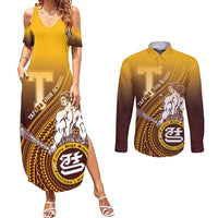 Personalized Tafuna High School Couples Matching Summer Maxi Dress and Long Sleeve Button Shirt Polynesian Warrior