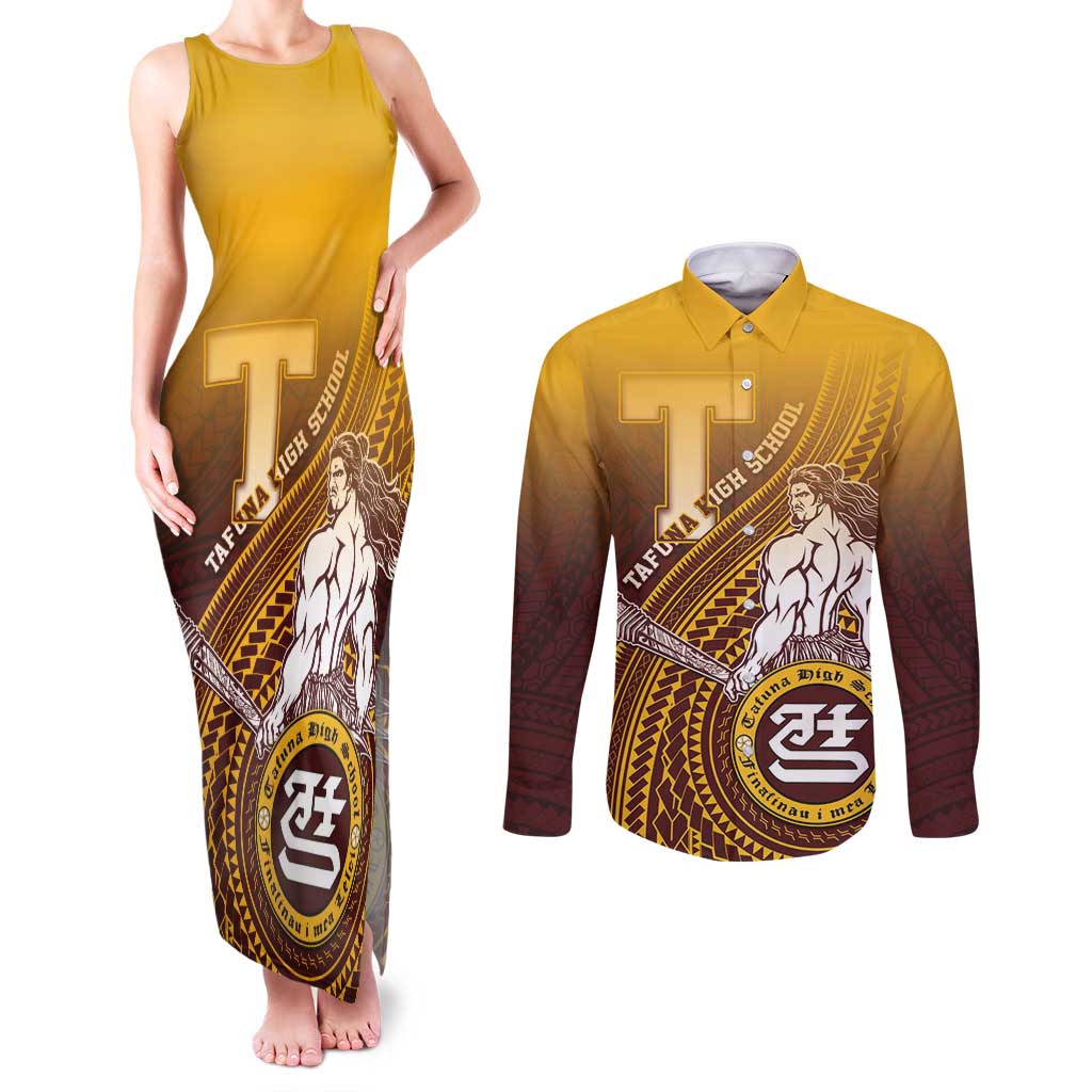 Personalized Tafuna High School Couples Matching Tank Maxi Dress and Long Sleeve Button Shirt Polynesian Warrior