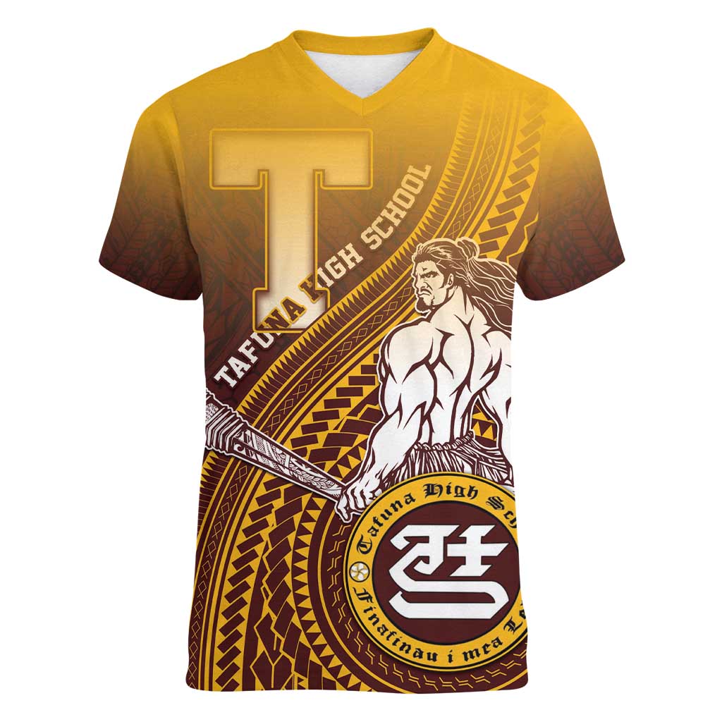 Personalized Tafuna High School Women V-Neck T-Shirt Polynesian Warrior