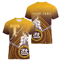 Personalized Tafuna High School Women V-Neck T-Shirt Polynesian Warrior