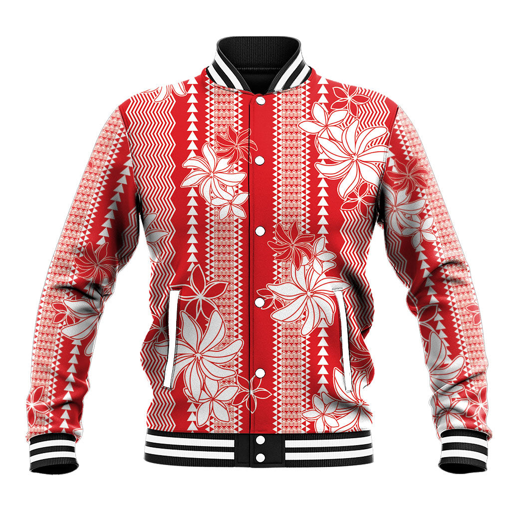 Hawaii Kakau Tribal Baseball Jacket With Red Tiare