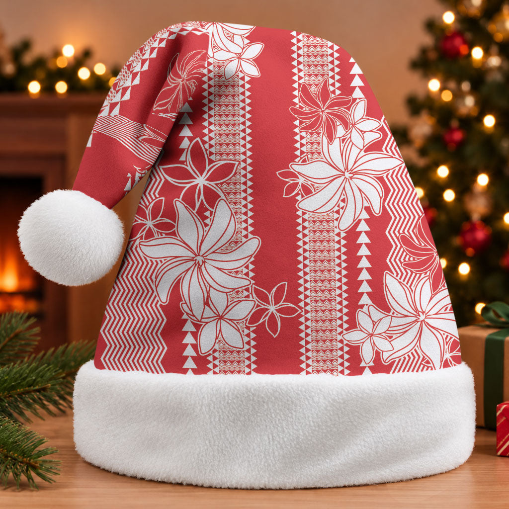 Hawaii Kakau Tribal Christmas Santa Hat With Red Tiare LT05 Without Fur Red - Polynesian Pride