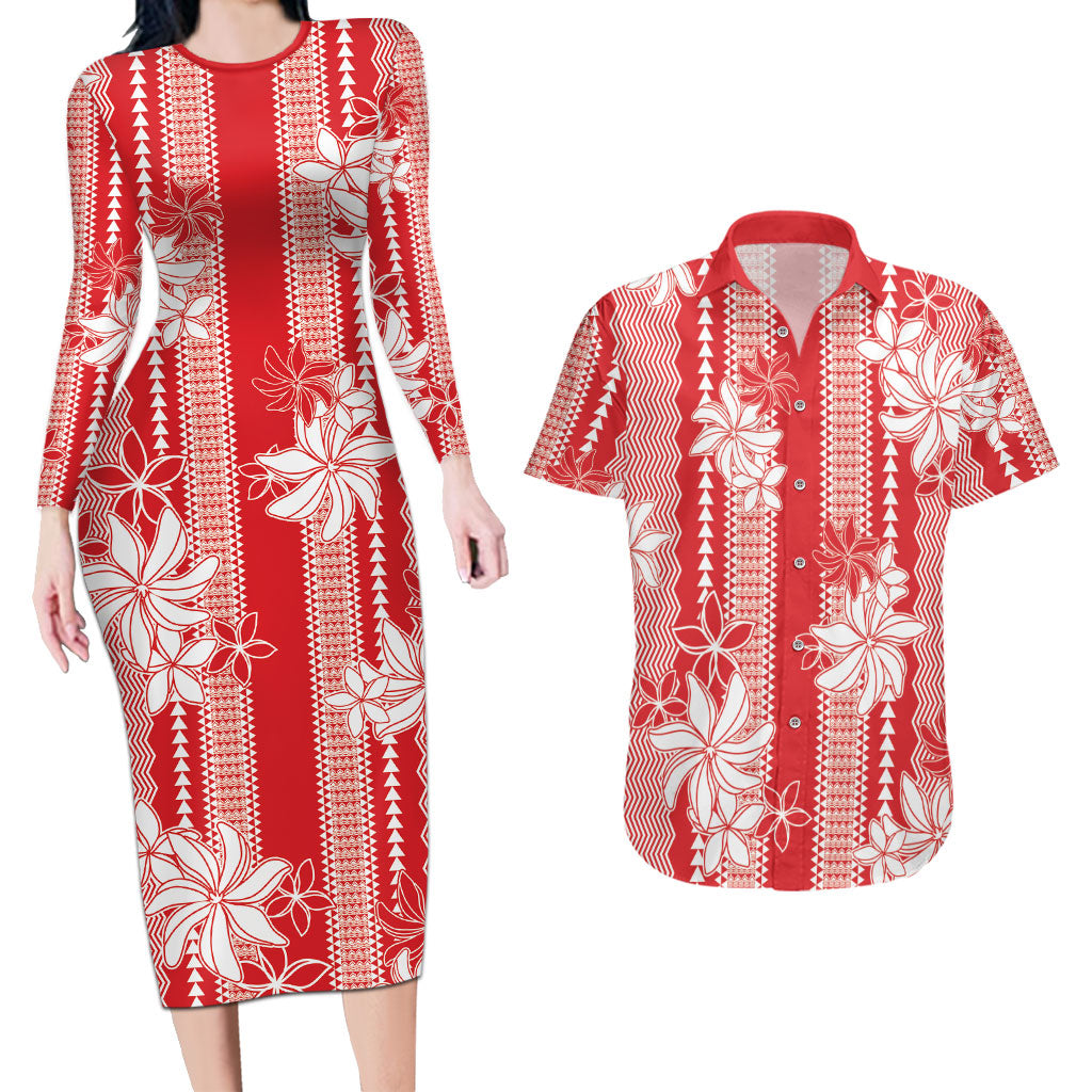 Hawaii Kakau Tribal Couples Matching Long Sleeve Bodycon Dress and Hawaiian Shirt With Red Tiare