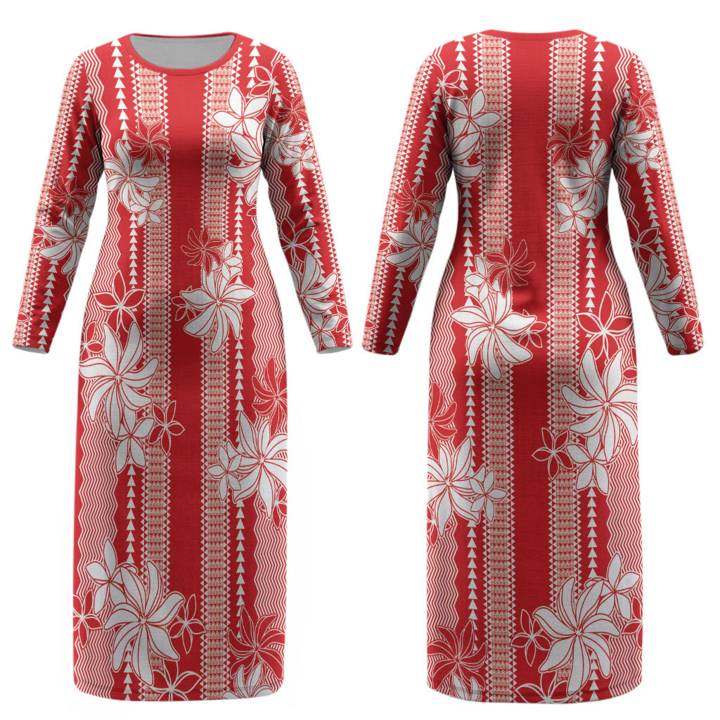 Hawaii Kakau Tribal Couples Matching Long Sleeve Bodycon Dress and Hawaiian Shirt With Red Tiare LT05 - Polynesian Pride