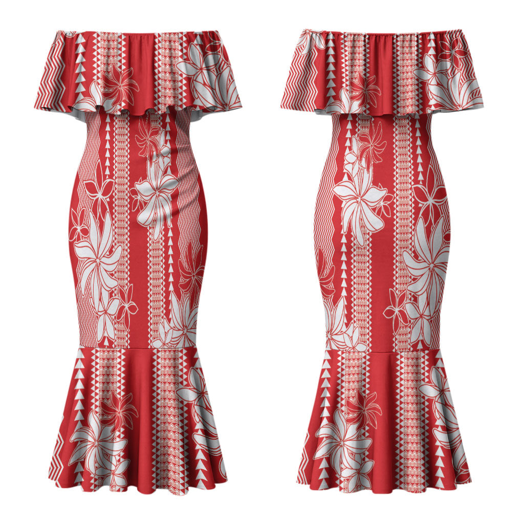 Hawaii Kakau Tribal Couples Matching Mermaid Dress and Hawaiian Shirt With Red Tiare LT05 - Polynesian Pride