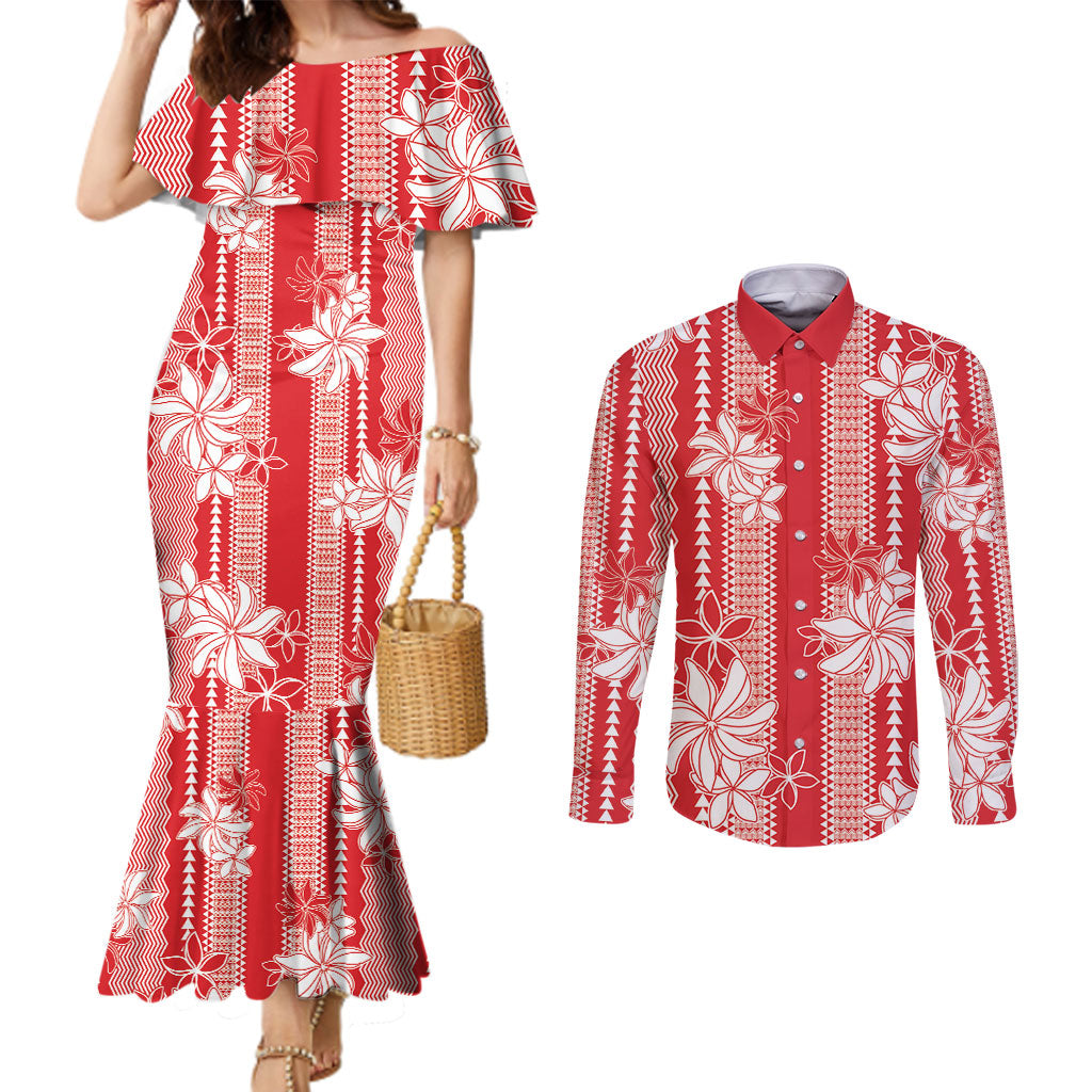 Hawaii Kakau Tribal Couples Matching Mermaid Dress and Long Sleeve Button Shirt With Red Tiare