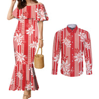 Hawaii Kakau Tribal Couples Matching Mermaid Dress and Long Sleeve Button Shirt With Red Tiare