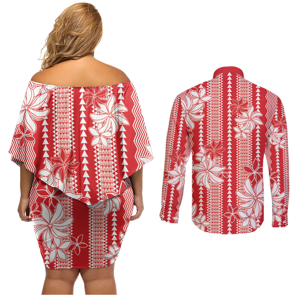 Hawaii Kakau Tribal Couples Matching Off Shoulder Short Dress and Long Sleeve Button Shirt With Red Tiare