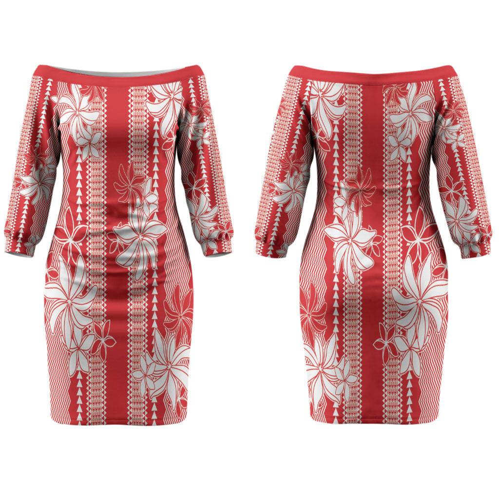 Hawaii Kakau Tribal Couples Matching Off The Shoulder Long Sleeve Dress and Hawaiian Shirt With Red Tiare LT05 - Polynesian Pride