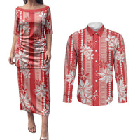 Hawaii Kakau Tribal Couples Matching Puletasi and Long Sleeve Button Shirt With Red Tiare LT05 Red - Polynesian Pride