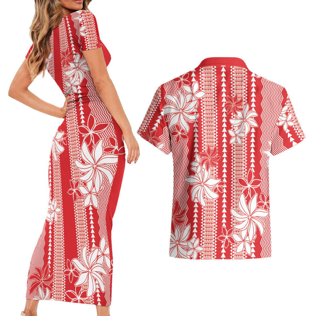 Hawaii Kakau Tribal Couples Matching Short Sleeve Bodycon Dress and Hawaiian Shirt With Red Tiare