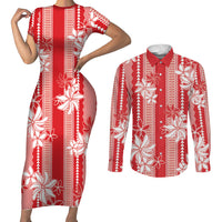 Hawaii Kakau Tribal Couples Matching Short Sleeve Bodycon Dress and Long Sleeve Button Shirt With Red Tiare