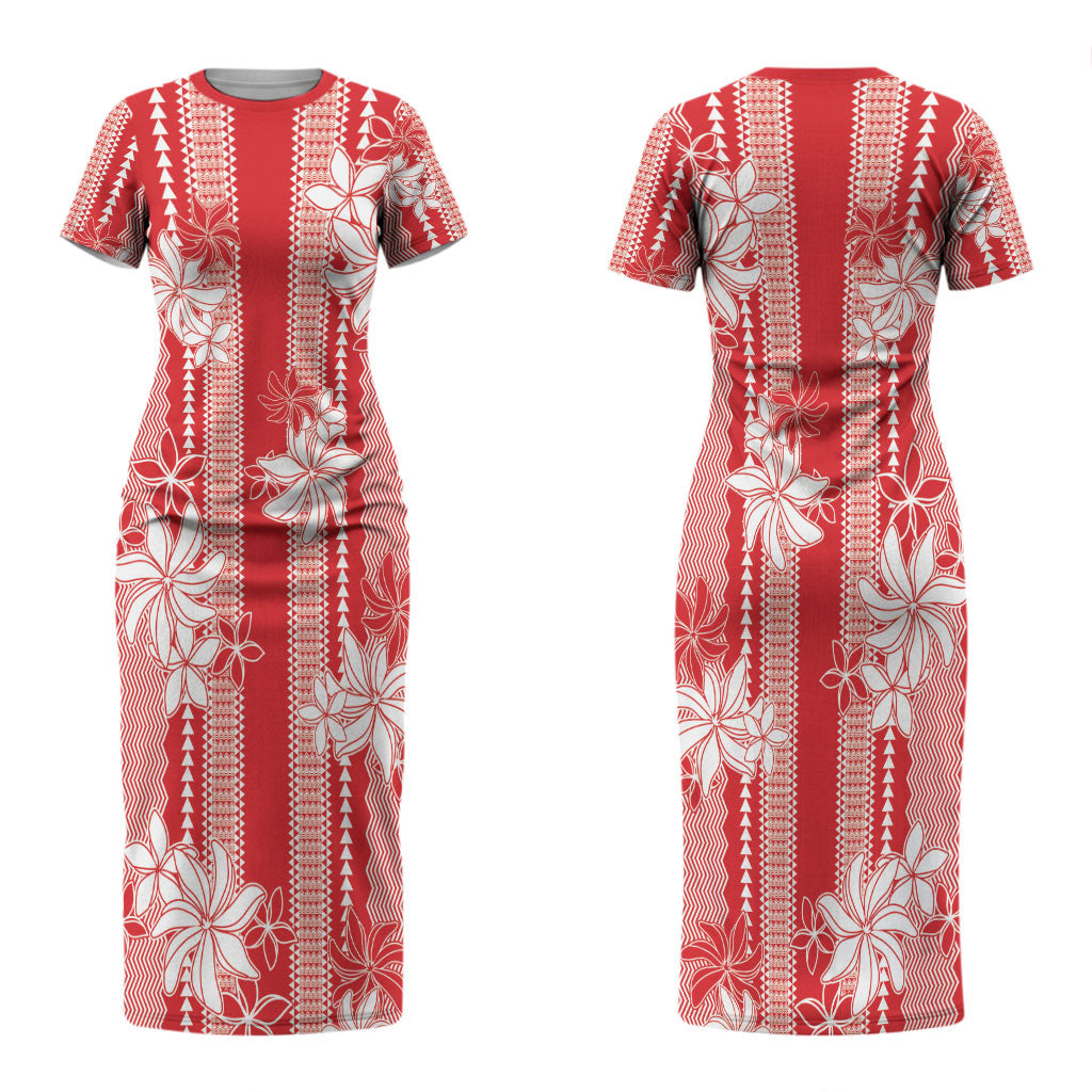 Hawaii Kakau Tribal Couples Matching Short Sleeve Bodycon Dress and Long Sleeve Button Shirt With Red Tiare LT05 - Polynesian Pride