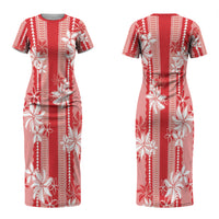 Hawaii Kakau Tribal Couples Matching Short Sleeve Bodycon Dress and Long Sleeve Button Shirt With Red Tiare LT05 - Polynesian Pride