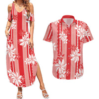 Hawaii Kakau Tribal Couples Matching Summer Maxi Dress and Hawaiian Shirt With Red Tiare