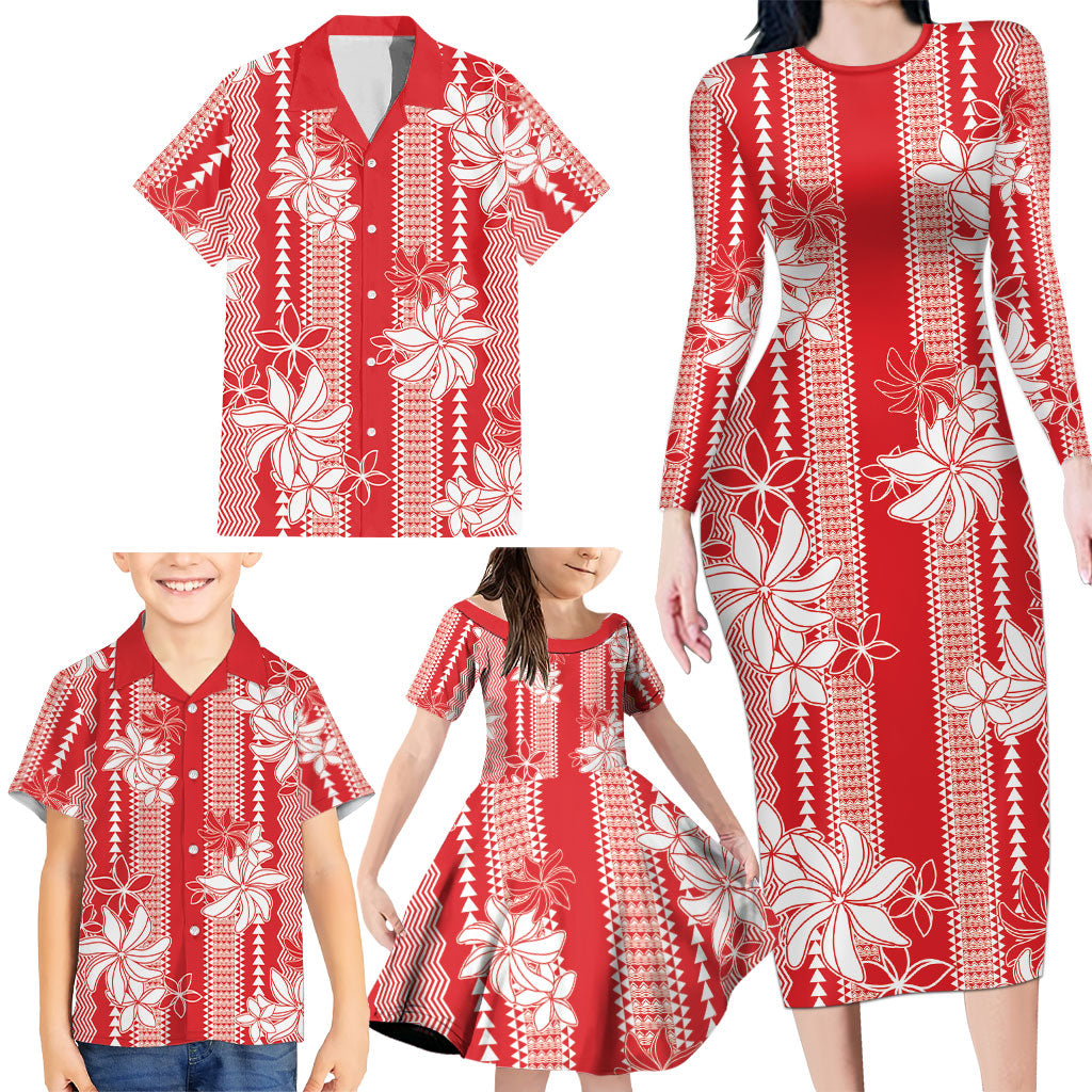 Hawaii Kakau Tribal Family Matching Long Sleeve Bodycon Dress and Hawaiian Shirt With Red Tiare LT05 - Polynesian Pride
