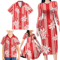 Hawaii Kakau Tribal Family Matching Long Sleeve Bodycon Dress and Hawaiian Shirt With Red Tiare LT05 - Polynesian Pride