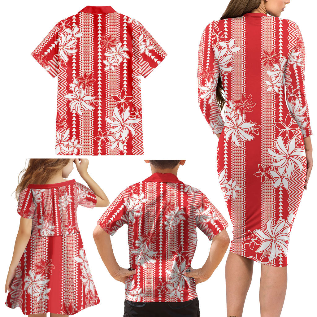 Hawaii Kakau Tribal Family Matching Long Sleeve Bodycon Dress and Hawaiian Shirt With Red Tiare LT05 - Polynesian Pride