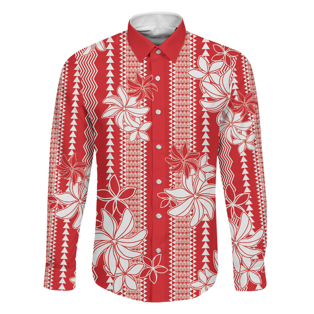 Hawaii Kakau Tribal Family Matching Long Sleeve Bodycon Dress and Hawaiian Shirt With Red Tiare LT05 Dad's Shirt - Long Sleeve Red - Polynesian Pride
