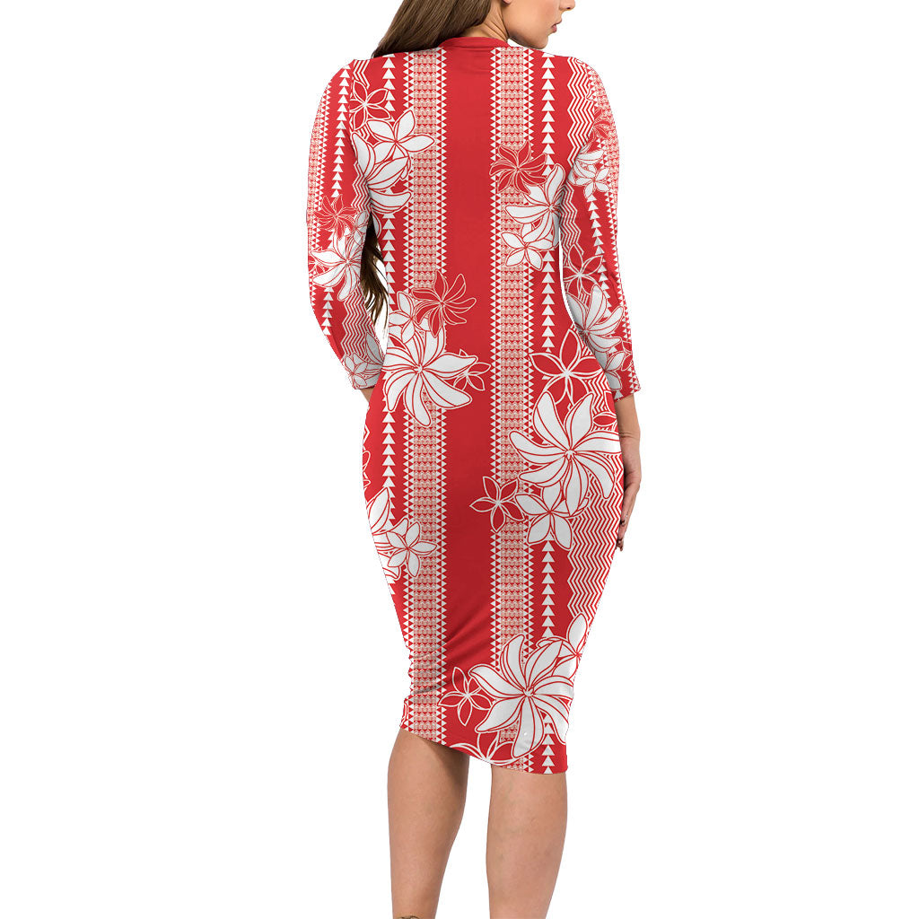 Hawaii Kakau Tribal Family Matching Long Sleeve Bodycon Dress and Hawaiian Shirt With Red Tiare LT05 - Polynesian Pride
