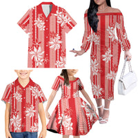 Hawaii Kakau Tribal Family Matching Off The Shoulder Long Sleeve Dress and Hawaiian Shirt With Red Tiare LT05 - Polynesian Pride