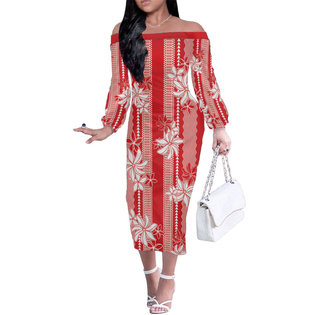 Hawaii Kakau Tribal Family Matching Off The Shoulder Long Sleeve Dress and Hawaiian Shirt With Red Tiare LT05 Mom's Dress Red - Polynesian Pride