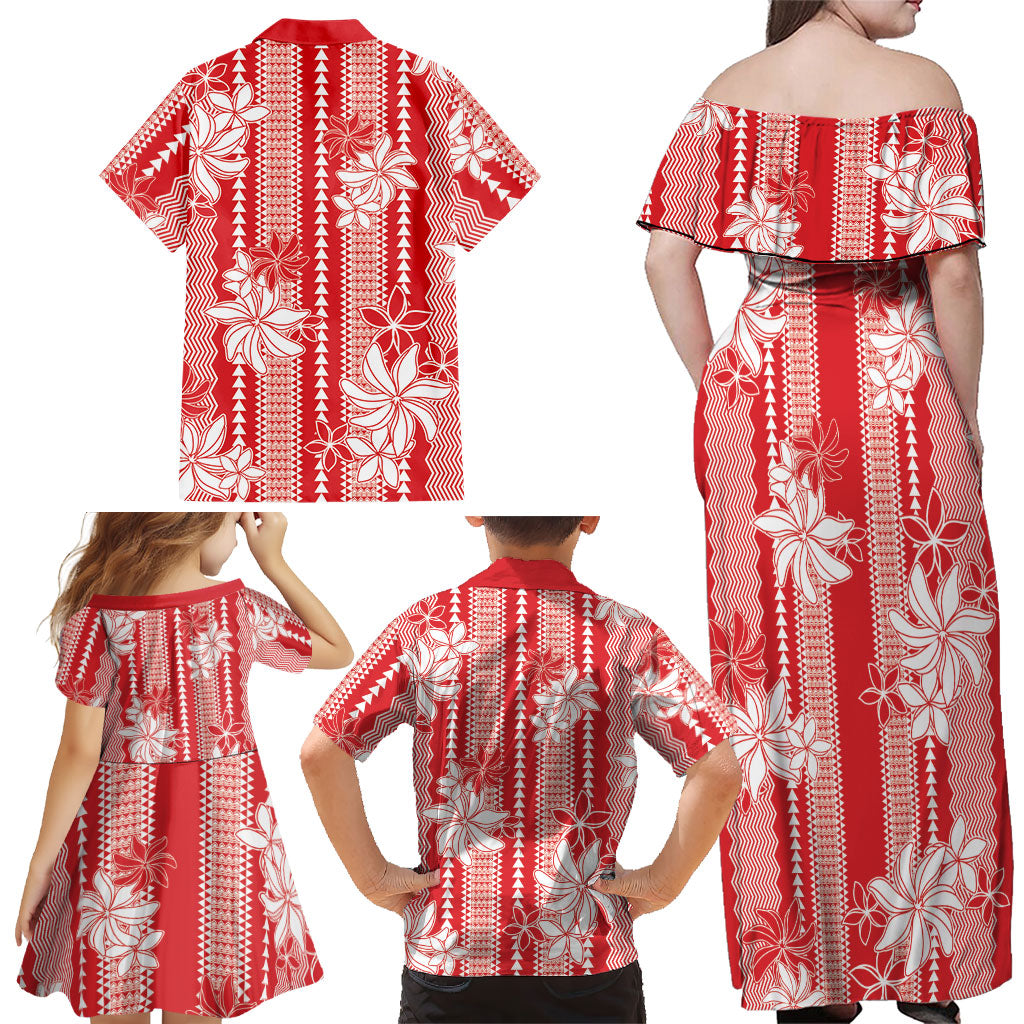 Hawaii Kakau Tribal Family Matching Off Shoulder Maxi Dress and Hawaiian Shirt With Red Tiare LT05 - Polynesian Pride